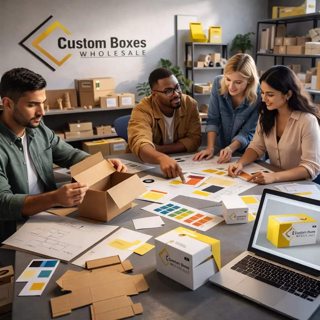 Packaging team discussing a custom box project in the UK